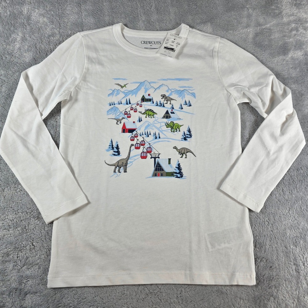 Crewcuts Kids S White Long Sleeve Dinosaur Ski Mountain Graphic Tee
